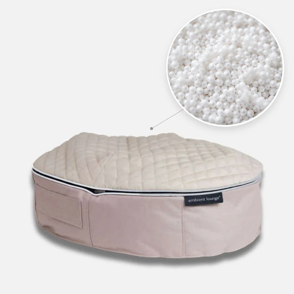 Hundeseng Sandstorm Thermo Quilt Beige S med detalj av perlefyll i sirkel