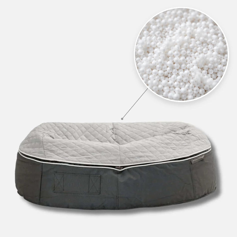 Hundeseng Supernova ThermoQuilt L med detalj av perlefyll i sirkel