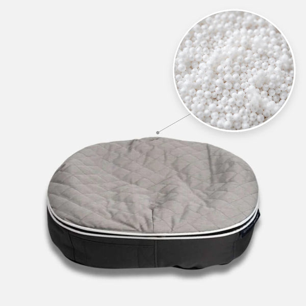 Hundeseng Supernova ThermoQuilt S med detalj av perlefyll i sirkel